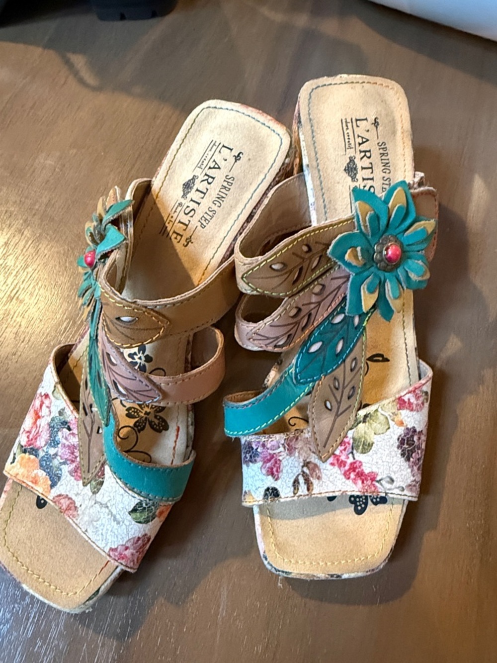 L'ATISTE Teal, Tan & Floral Slide Mules